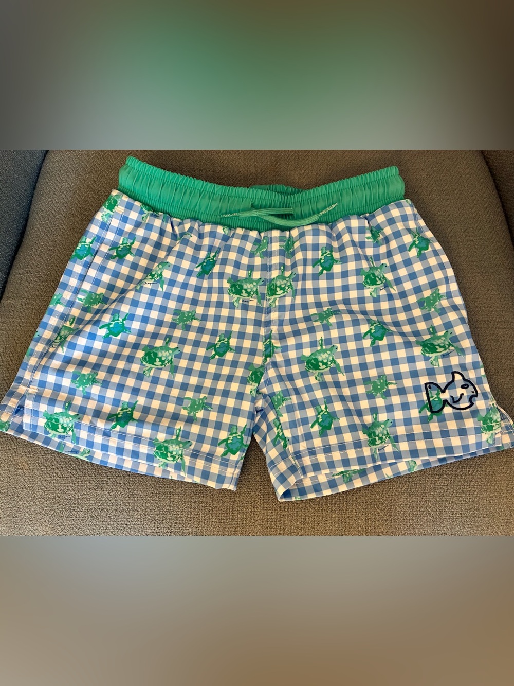 Prodoh Blue Check & Turtle Elastic-Waist Swim Trunks